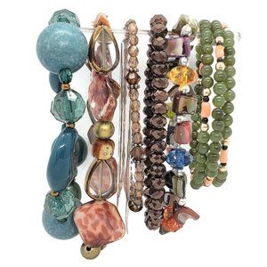 6 Boho Bracelets Lot Earth Jewel Tones Faux Stone Beaded Stretch Wire Jewelry
